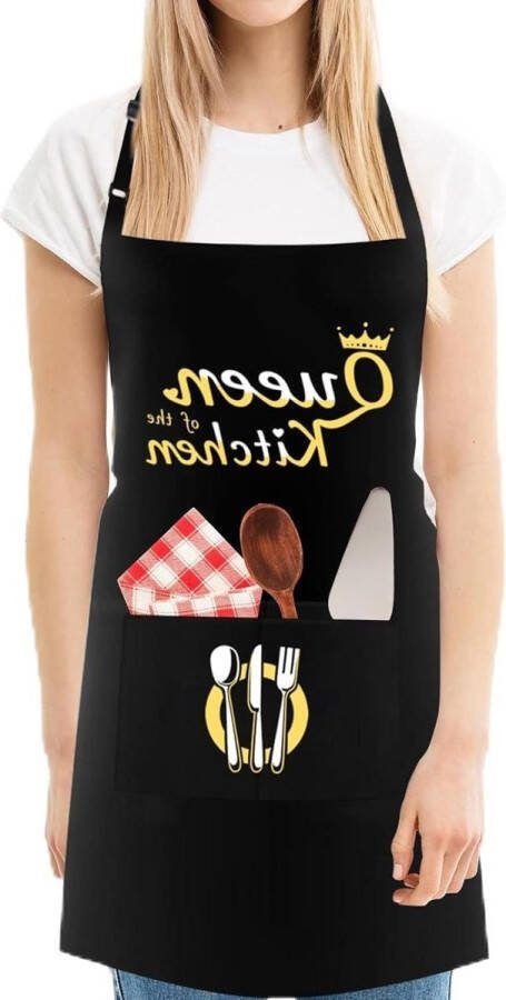 Waterdicht Verstelbaar Zwart Schort voor Vrouw Chef-kokschort met Zakken Persoonlijk Geschenkschort voor Barbecue Grill Keuken Queen