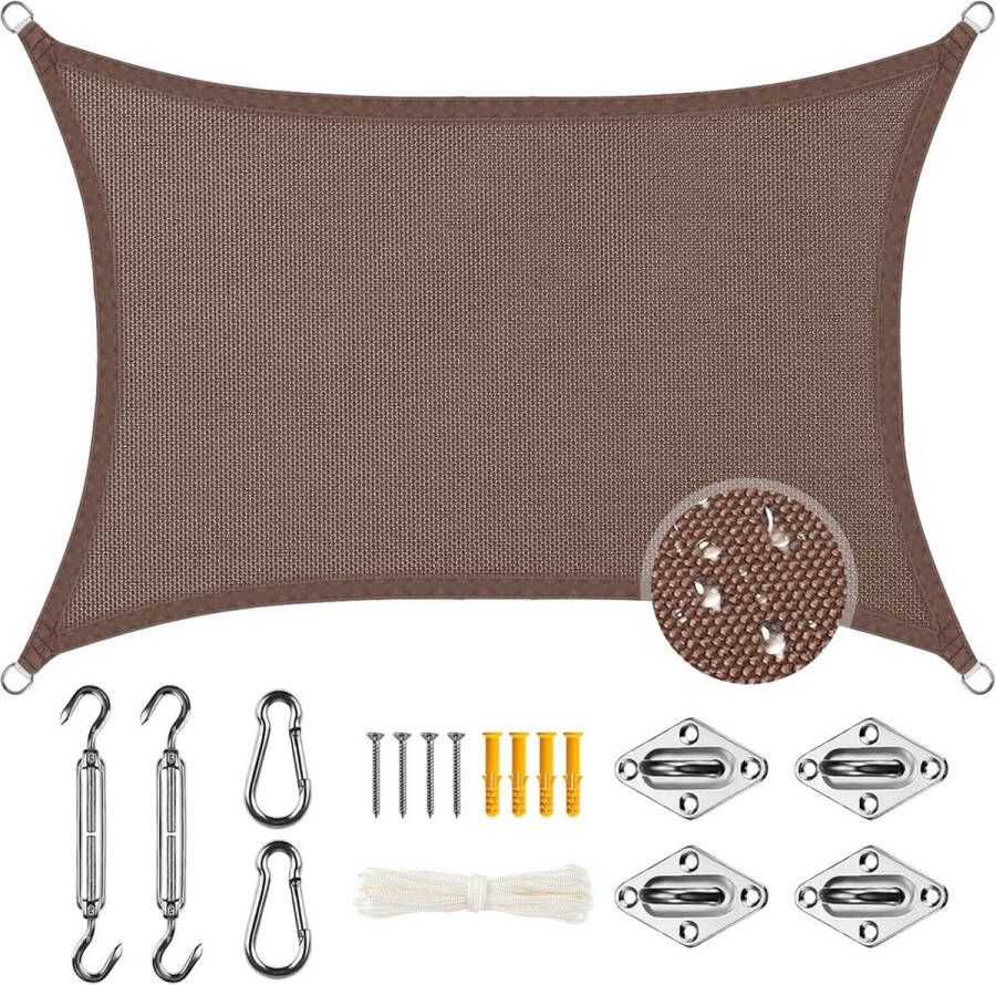 Waterdicht zonnezeil 2 x 3 m rechthoekig + 40-delige bevestigingsset weersbescherming zonwering balkon patio tuin 95% UV-bescherming 160 g m² hoge dichtheid stof voor terras pergola (bruin)