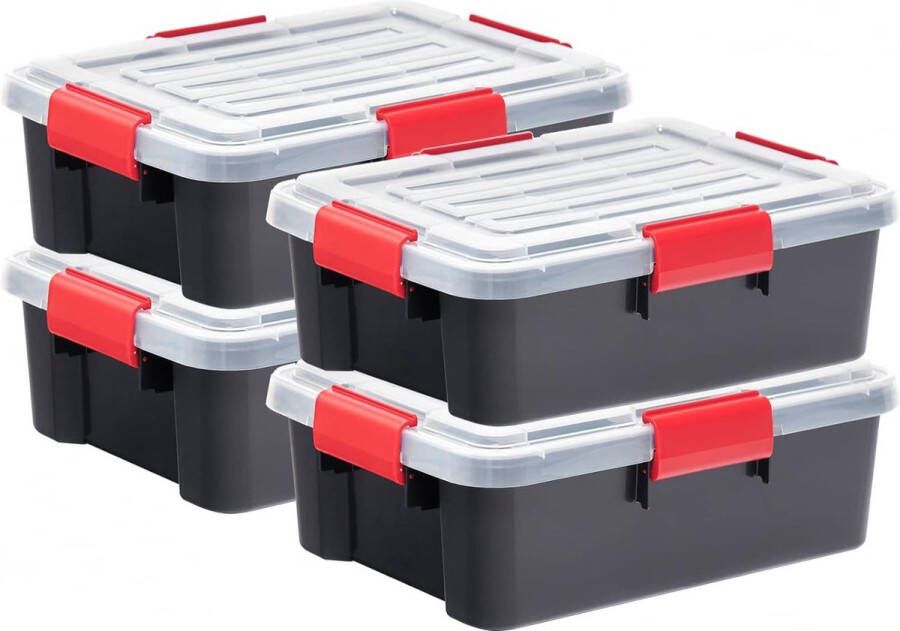 Waterdichte kunststof opbergdozen met 10 liter deksels set van 4 BPA vrij DDATS zwart stapelbaar sluitclips? B39 x D29 x H14 cm