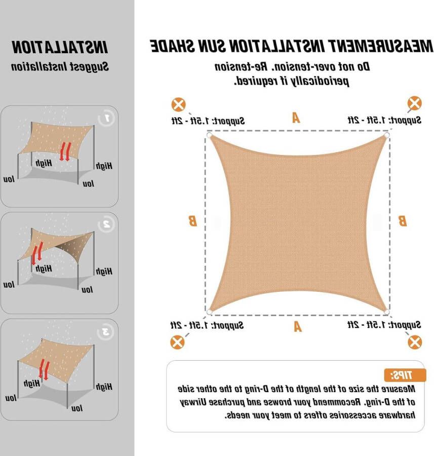 Waterdichte rechthoekige luifel 3 x 4 meter hoge dichtheid UV-bescherming voor terras tuin pergola zandkleurig Shade Sail
