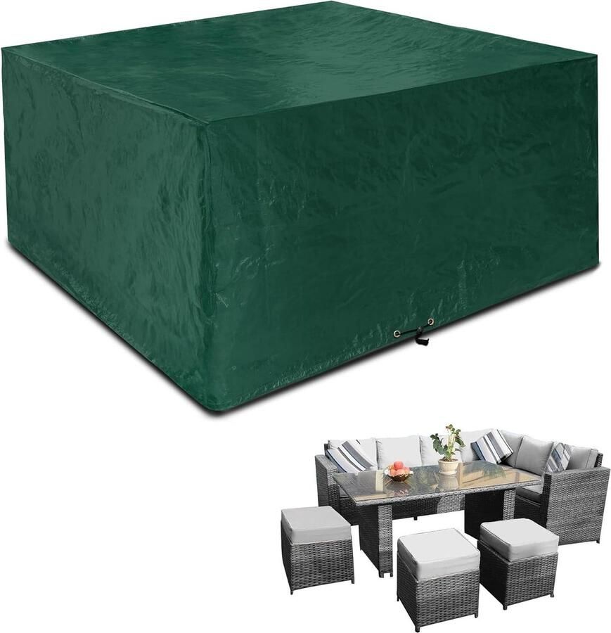 Waterdichte tuinmeubelhoezen 250 x 250 x 90 cm buitenpatio rotan kubus set hoes vierkante tafelhoes winddicht anti-UV groen