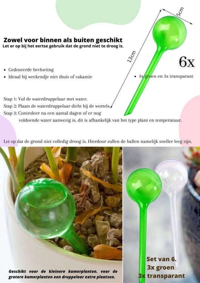 Waterdruppelaar 6 stuks 3x Groen en 3x Transparant Waterdruppelaar voor kamerplanten – Waterbol Waterdruppelaar voor planten Watergeefsysteem