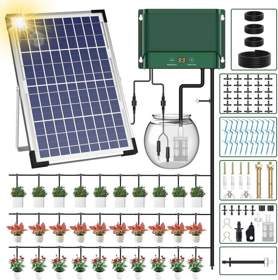 Waterdruppelaar Irrigatiesysteem Bewateringssysteem Zonne Energie Automatisch Watergeefsysteem met USB-voeding LED-display