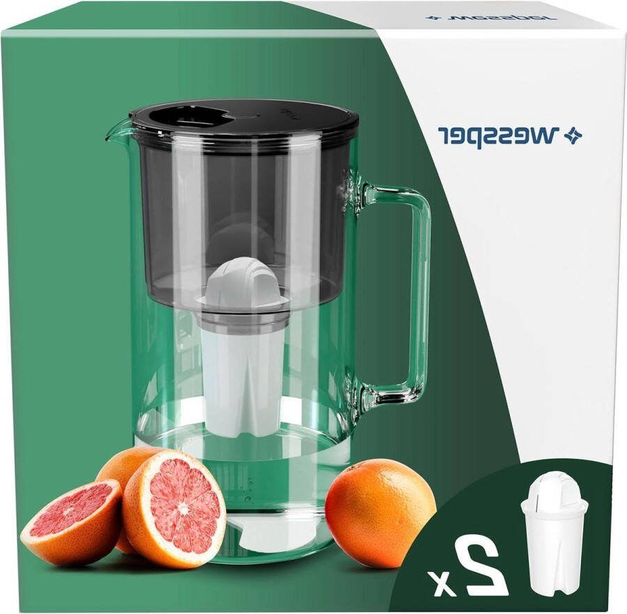 Waterfilter glas 25 l Crystaline set waterkan en 2 filters zwart waterfilter