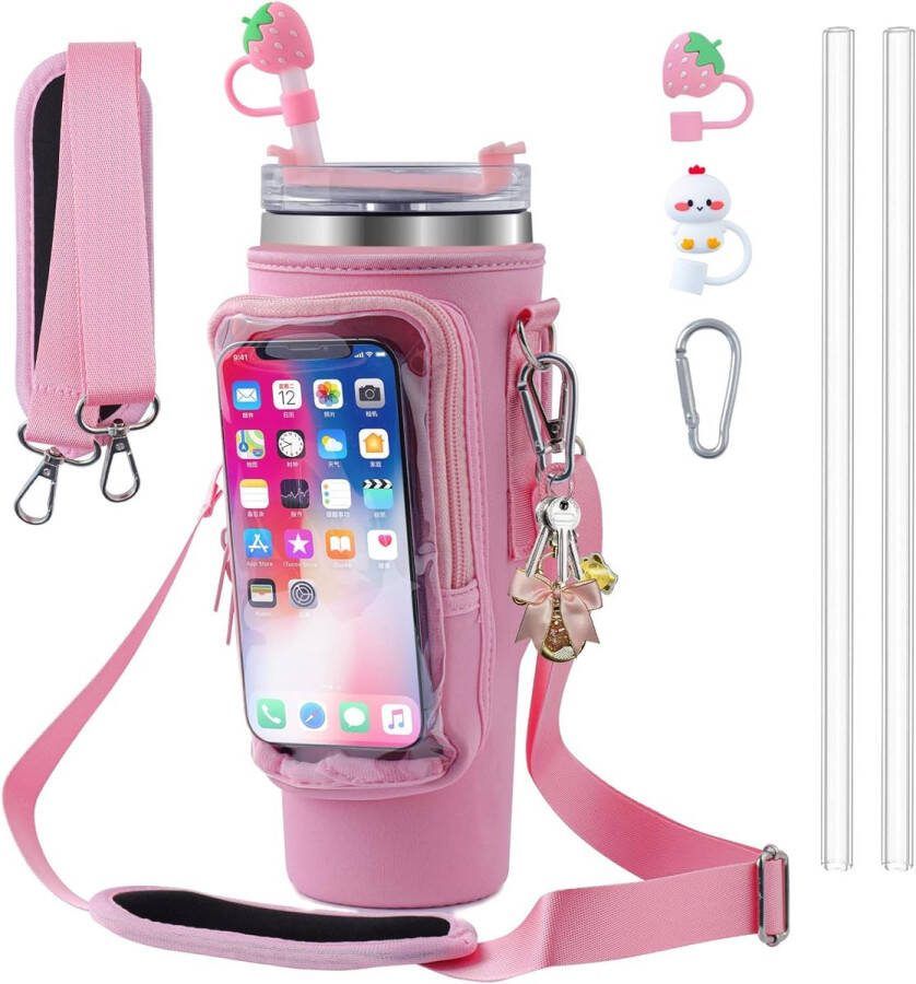 Waterfleshouder voor Stanley Cup waterfles houder met riem fit Stanley Cup 40 oz Tumbler Stanley Cup Accessoires waterfles tas met verstelbaar voor wandelen kamperen (roze) roze
