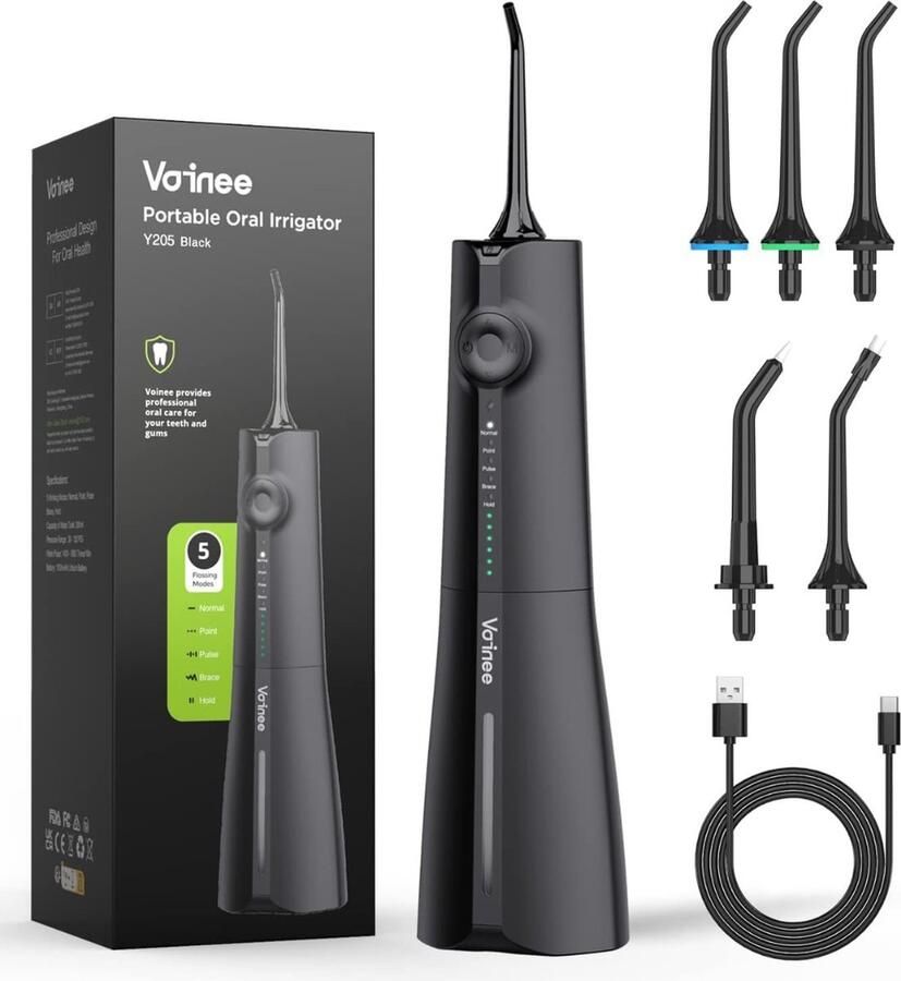 Waterflosser Tandreiniger 300ML 75dB IPX7 5 Mondstukken USB Oplaadbaar Elektrische Monddouche Flosapparaten Lange Batterijduur Draadloze Water Flosser Zwart