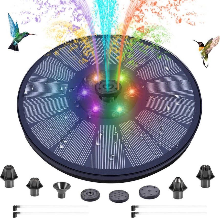 Waterfontein op zonne-energie met ledverlichting 3 W fonteinpomp 1500mAh ingebouwde batterij 7 sproeiers 4 anti-botsingsbar 7 zonne-waterfuncties