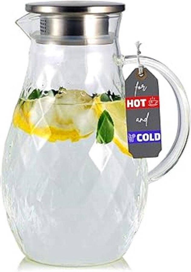 Waterkan met Deksel en Filter 2L Glazen Waterfles Waterkaraf Voor Warme en Koude Dranken Karaf Met Uniek Diamant Patroon
