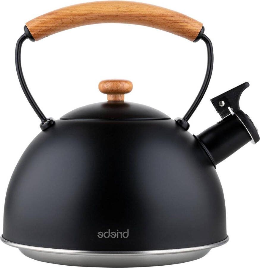 Waterketel Inductie Fluitketel Cool-Touch Theepot 23 L Roestvrijstalen Vintage Houten Handvat- Keuken Glaskeramische kookplaat Gas Elektrische kookplaat-Zwart