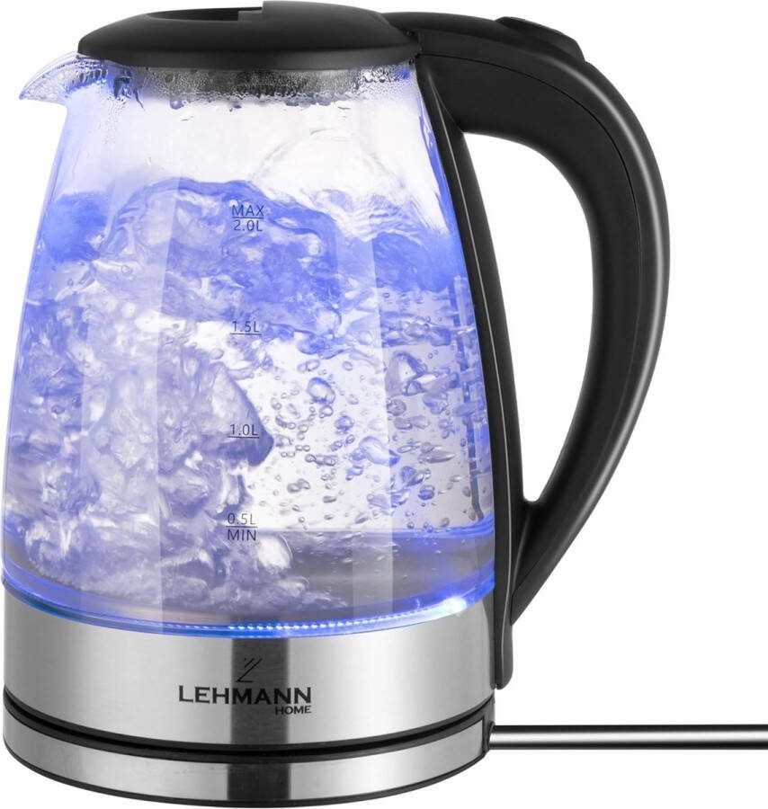 Waterkoker LHOEK-2220 Glazen waterkoker 2 liter 2200 W elektrische waterkoker van glas met led-achtergrondverlichting automatische uitschakeling en oververhittingsbeveiliging draaibare sokkel