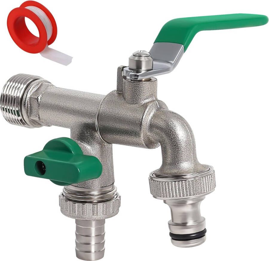 Waterkraan voor de tuin 1 2 inch en 3 4 inch dubbele kraan van messing roest en vorstbestendig met 2 x gratis slangaansluitingen voor tuin wasmachine regenton (groen)