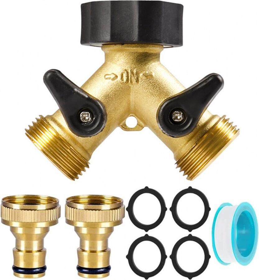 Waterverdeler 2-weg Past op Europese kranen Y Stuk kraan splitter voor gebruik in huis en tuin G 3 4 waterverdeler Buitenkraan kraanverdeler tuinslangaansluiting Met accessoires Messing kleur
