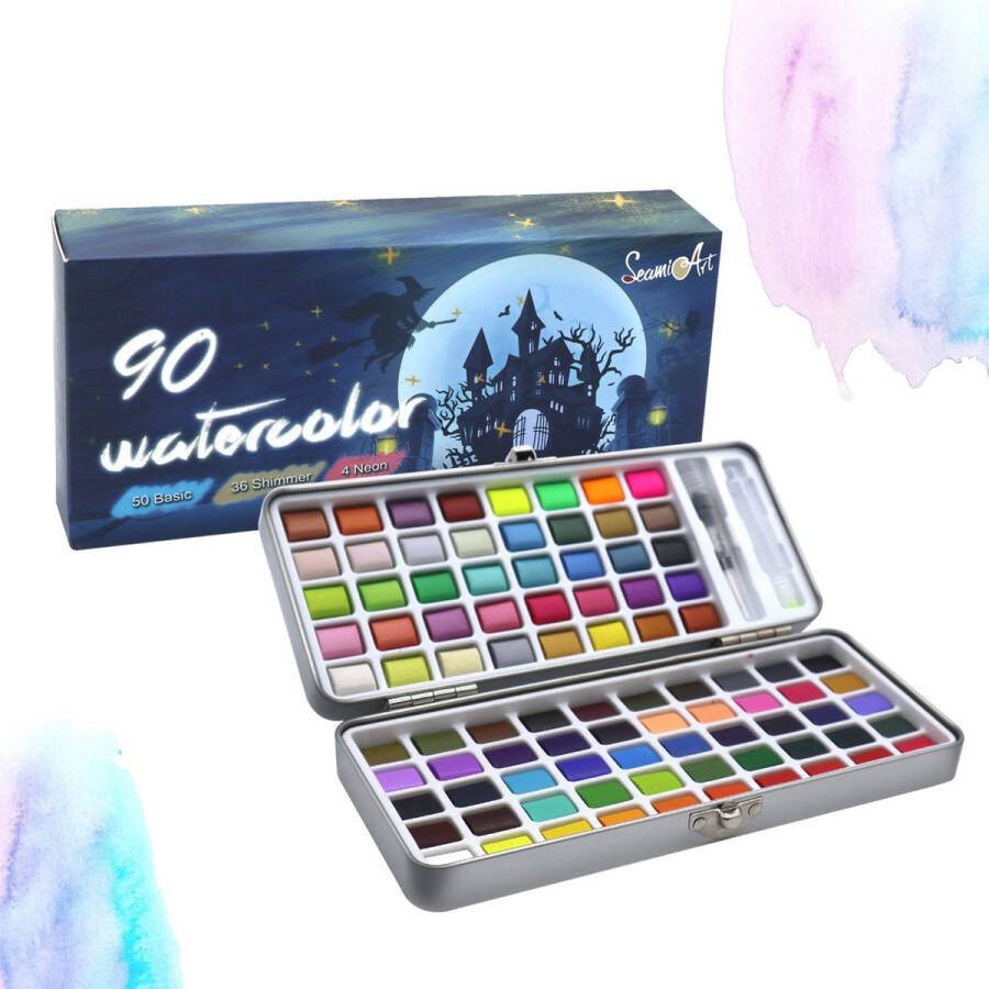Waterverf Schilder Set 90 Kleuren Aquarelverf- Tinnen Doos Aquarel Pen Metallic Neon Schilderen Hobby 202x82x33mm