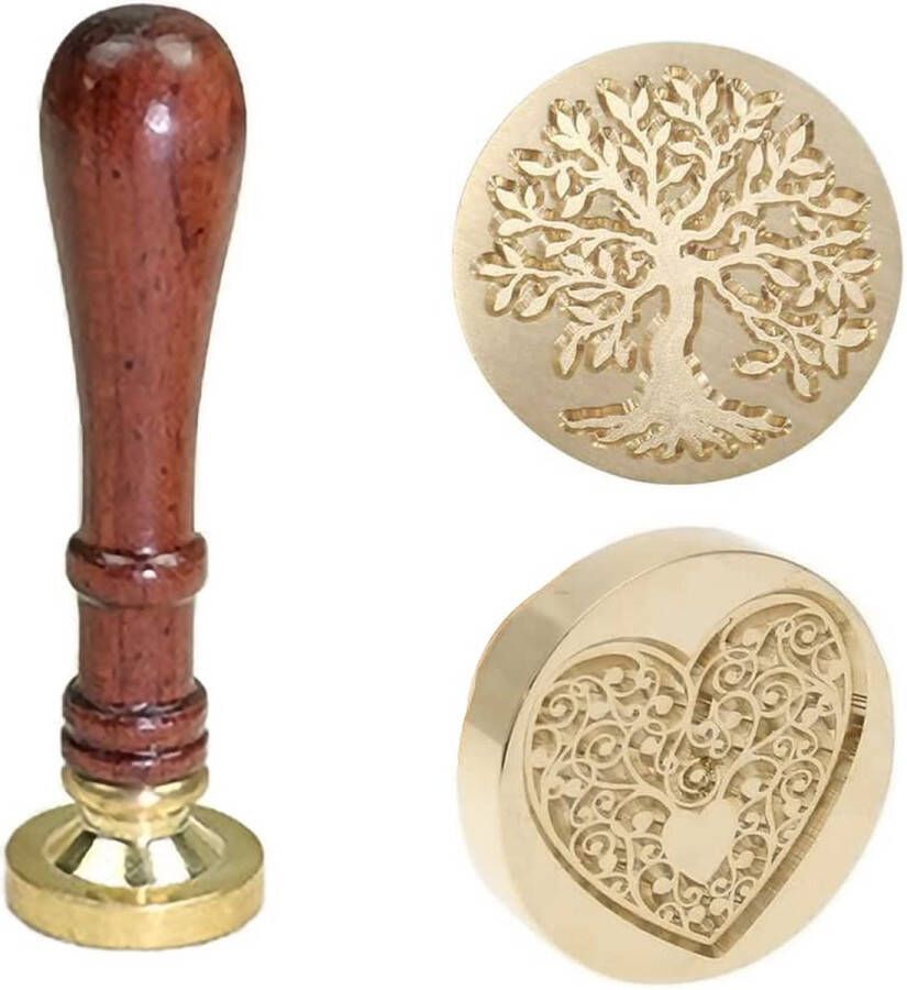 Wax Seal Stempel 2 stuks Wax Seal Stempel Set Zegellak Stempel met 1 Houten Handvat Messing Hoofden voor Wenskaart Envelop Uitnodiging Gift Wrapping(Tree of Life Heart)