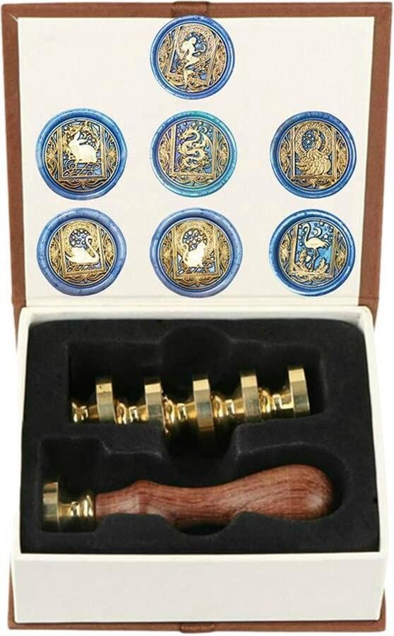 Wax Seal Stempel Kit met 7 STKS Verwijderbare Messing Hoofden en Houten Handvat Retro Vintage Zeemeermin Pauw Draak Konijn Flamingo Kat Zwaan Zegellak
