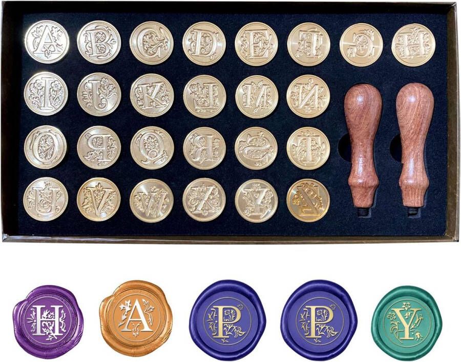Wax Seal Stempel Set 26 Letters A-Z Vintage Retro Brass Wax Afdichting Stempel Kit Alfabet Verwijderbare Messing Hoofd Afdichting Stempel Met Houten Handvat Voor Uitnodigingen Kaarten Letters Enveloppen (26 stuks)