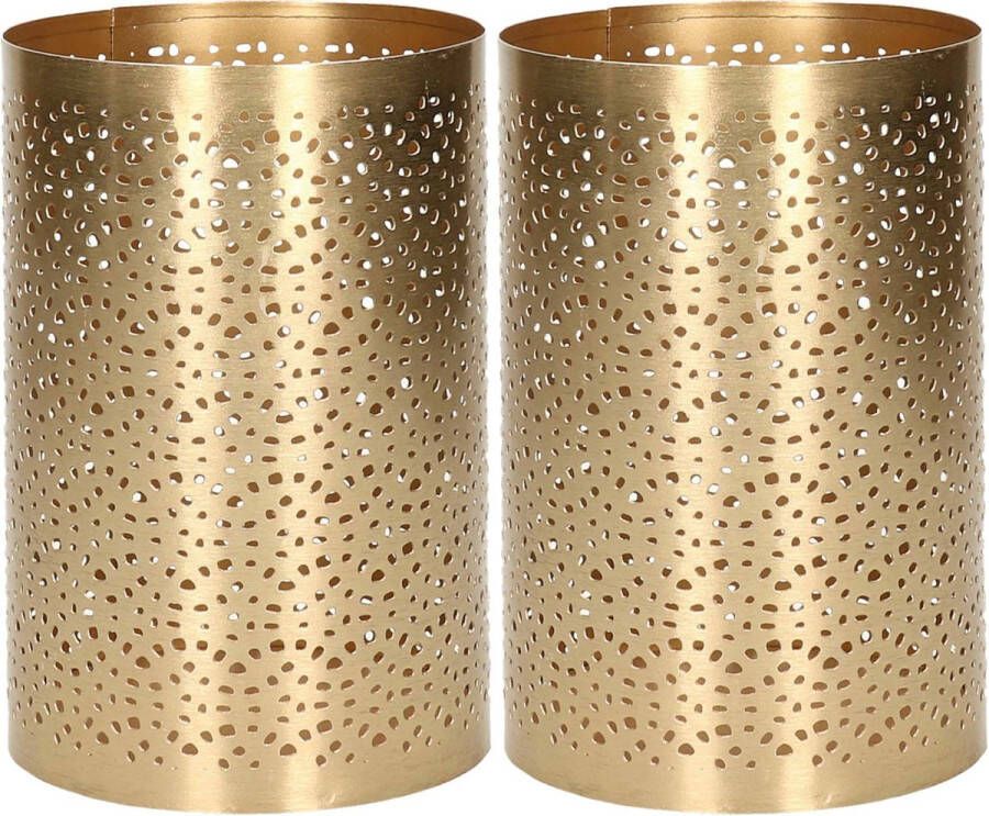 Merkloos 2x stuks metalen theelichthouders windlichtjes goud type 2 D10 x H15 cm Windlichten