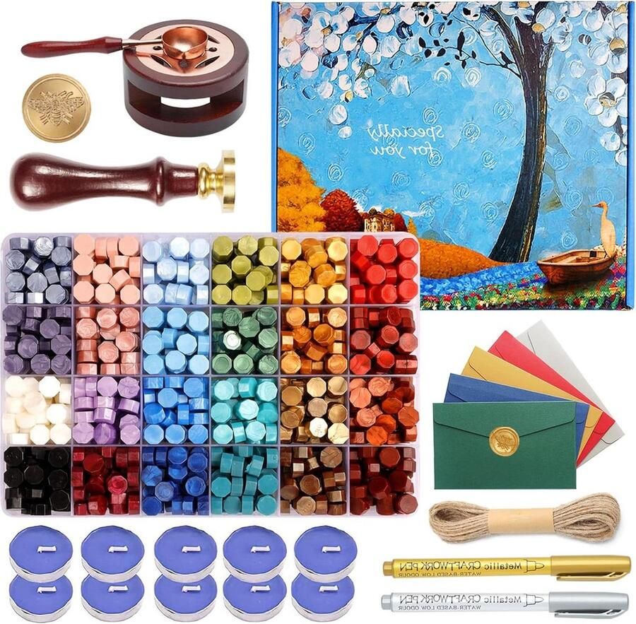 Waxzegelstempelset 630 stuks waszegelkralen zegelwas set bijenzegelstempel zegelwaswarmer smeltlepel theelichtjes enveloppen metallic stiften doe-het-zelf bruiloft uitnodiging