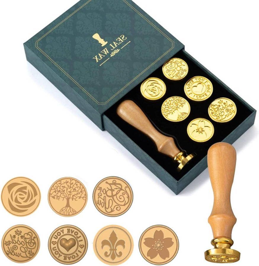 Waxzegelstempelset 7 stuks waxstempels houten handvat koperen was zegelstempelset enveloppen bruiloft uitnodiging brief geschenkverpakking decoratie
