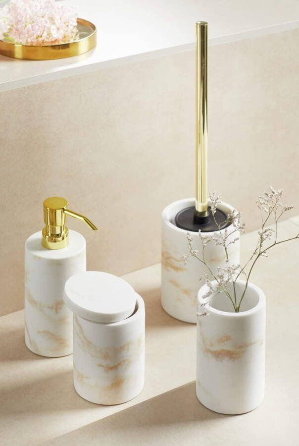 WC-garnituur hoogwaardige borstelhouder van stevig polyhars marmerlook inclusief toiletborstel Ø 75 x 37 cm wit goud