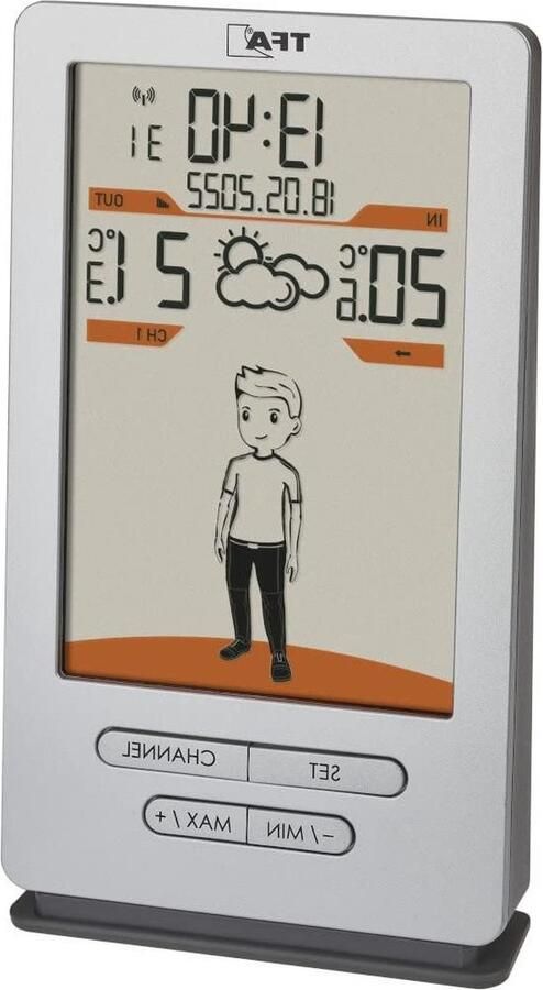 Weather Jack draadloze weerstation voor buiten- en binnentemperatuur met weersvoorspelling en kledingsuggesties radiografische klok zilver 82 x 27 x 140 mm