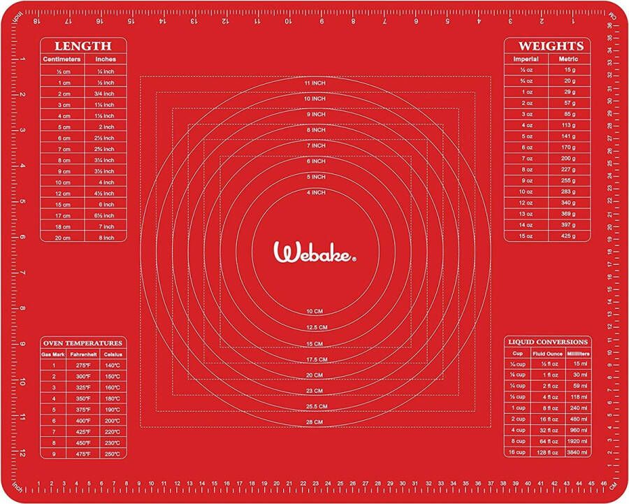 Webake Siliconen bakmat siliconen mat bakonderlegger anti-aanbaklaag deegmat uitrolmat fondant mat voor deegrollen werkmat rood