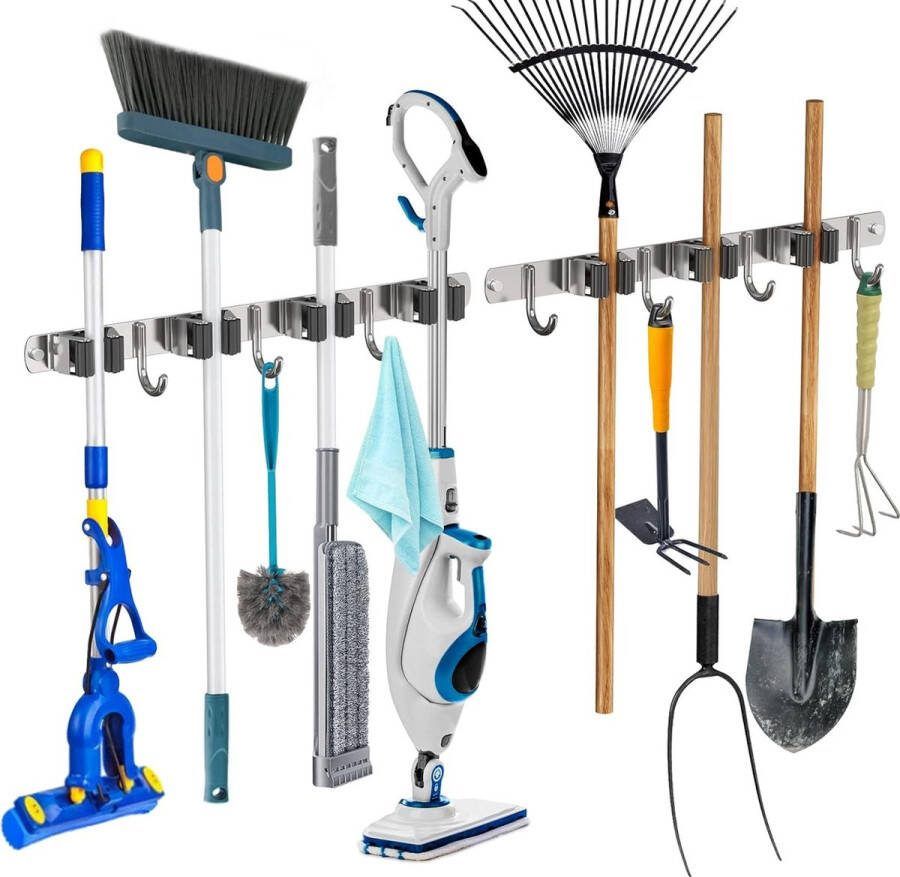 WECUTE Bezemhouder Wand 2 Stuks Gereedschapshouder Haaklijst Bezemhouder Tuingereedschap Houder Tuingereedschap 7 Houders en 7 Haken