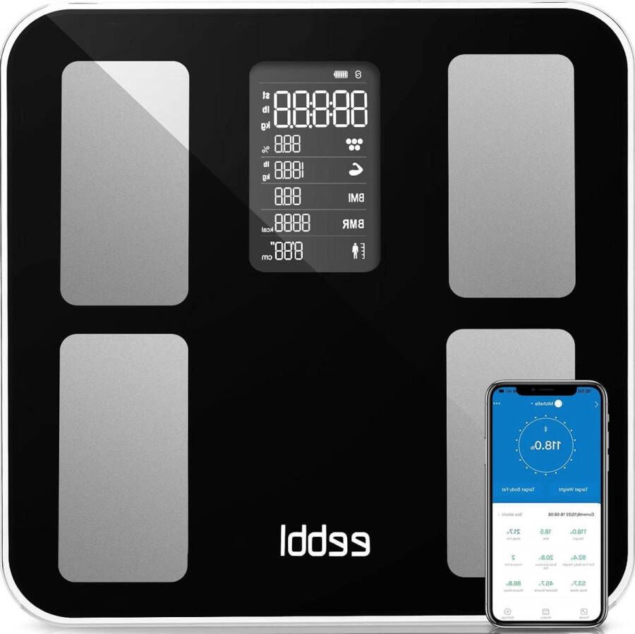 Weegschaal Bluetooth Lichaamsanalyseweegschaal App Smart Lichaamsvet BMI Spiermassa Eiwitten BMR Zwart 16 Indicatoren