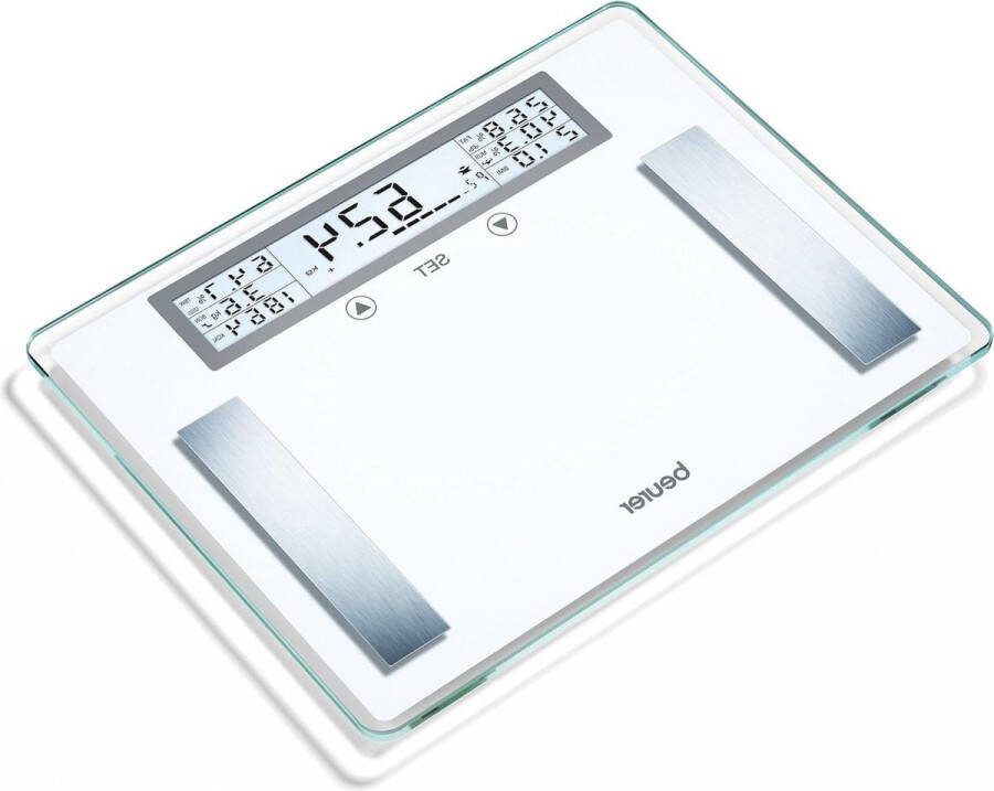 Weegschaal diagnoseweegschaal XXL-glazen-200-kg-draagvermogen-100-g-indeling-lichaamsgewicht-vet-water-spiergehalte-botmassa-BMI-caloriebehoefte