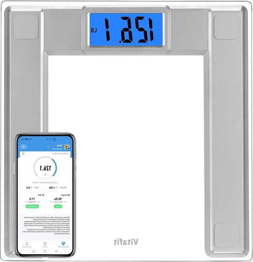 Weegschaal Digitale badkamerweegschaal met extra hoge capaciteit 250 kg voor lichaamsgewicht en BMI via Smart APP professionele weegschaal sinds 2001 8 mm gehard glas en step-on extra groot LCD-scherm met 2 zoekwoorden
