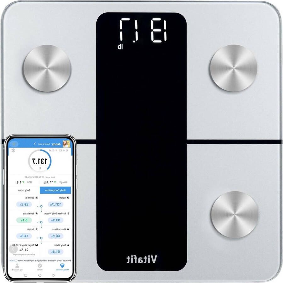 Weegschaal digitale lichaamsvet app lichaamsanalyse Bluetooth BMI proteïne zilver