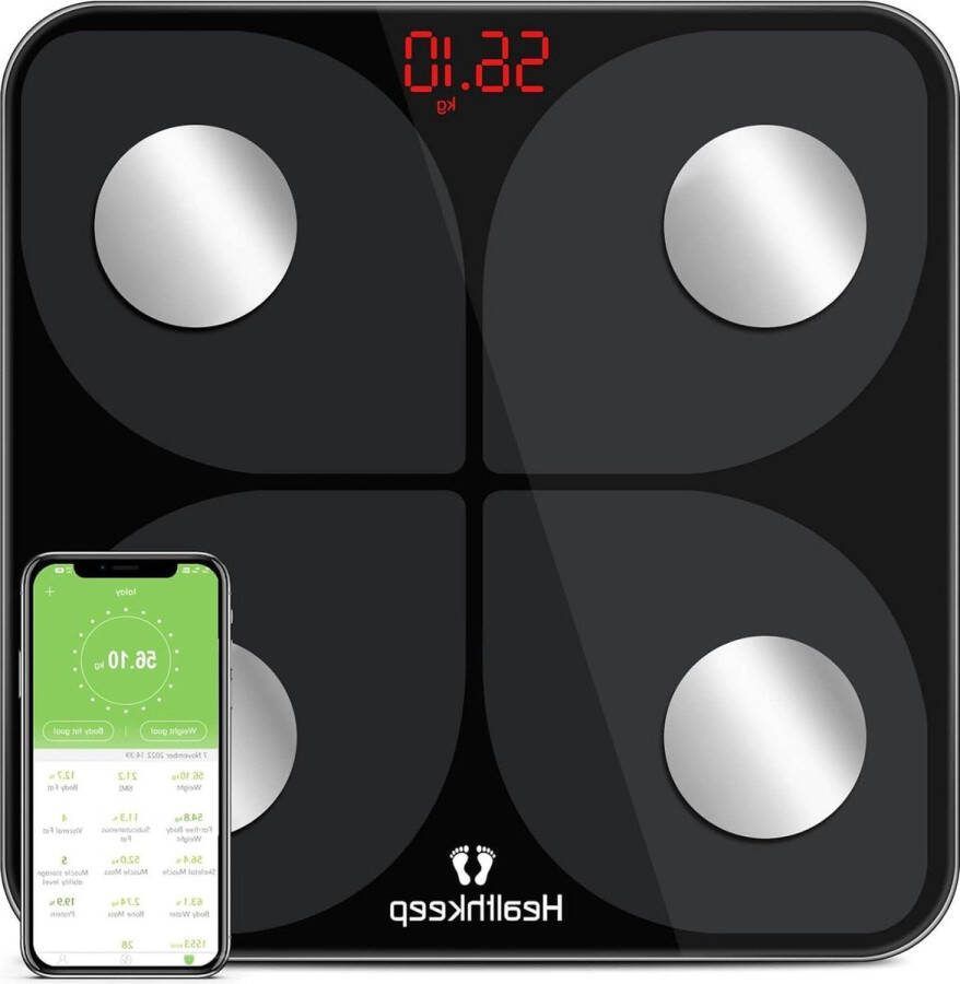 Weegschaal digitale testwinnaar bluetooth lichaamsanalyseweegschaal voor lichaamsvet BMI spiermassa proteïne BMR 28 x 28 cm