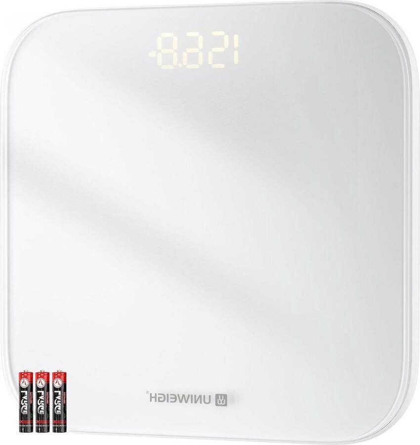Weegschaal lichaamsgewicht digitale nauwkeurige weegschaal 180 kg compact gehard glas LED-display stap-op 3 eenheden inclusief batterijen wit