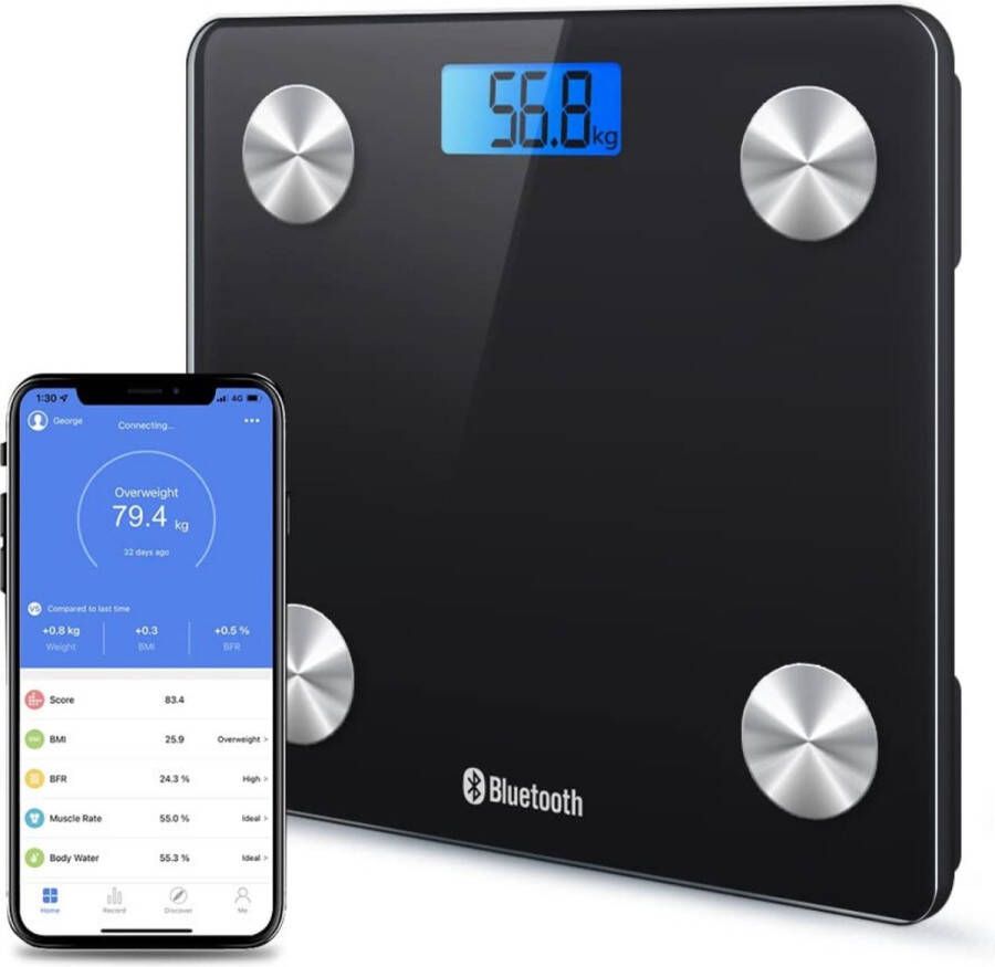 Weegschaal met lichaamsanalyse Bluetooth weegschaal personenweegschaal lichaamsgewicht Lichaamsvet Zwart