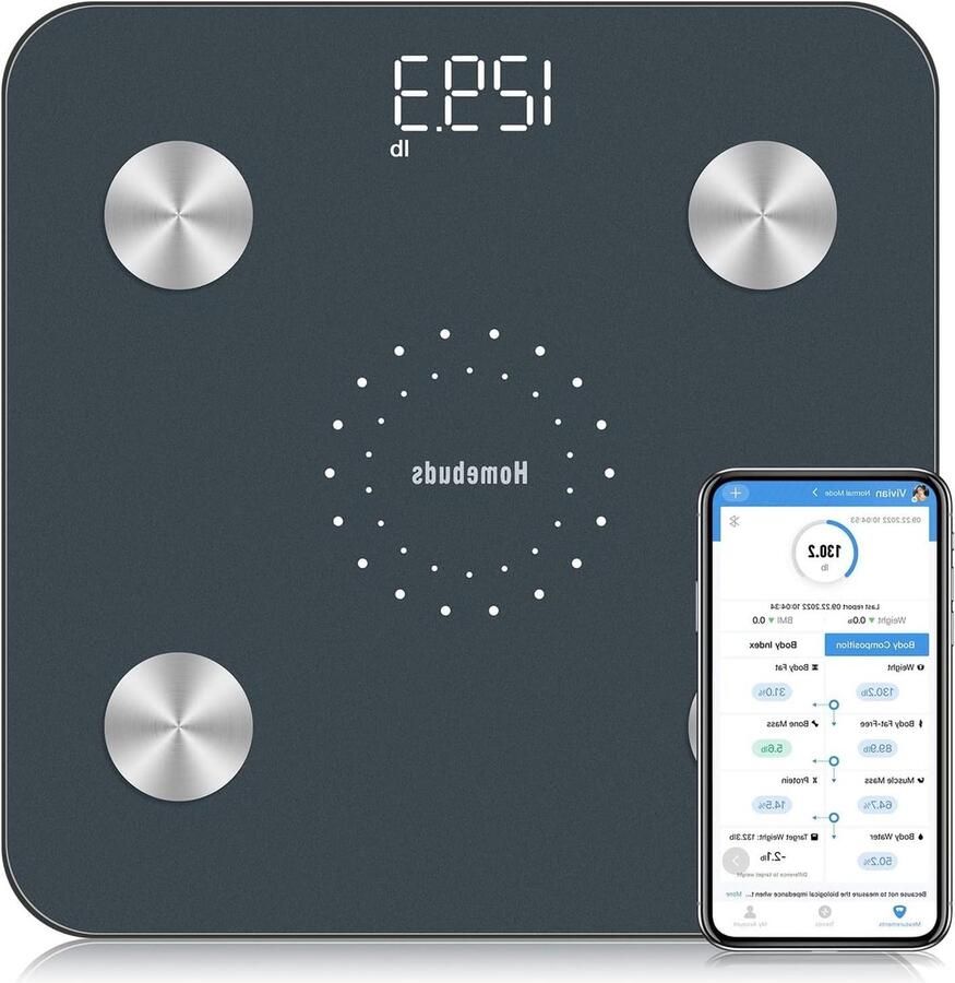 Weegschaal Personenweegschaal Bluetooth-verbinding Lichaamsvet BMI Spiermassa Water Proteïne BMR 180 kg Blauw Weegschaal met App