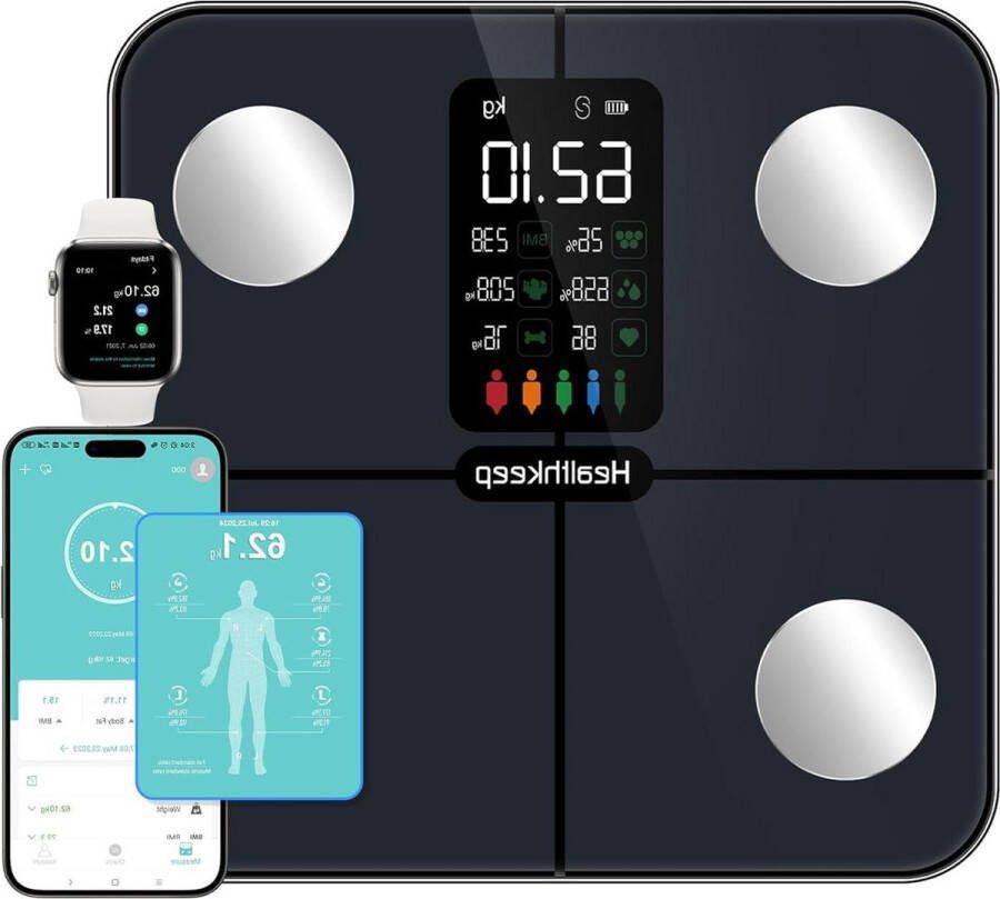 Weegschaal Personenweegschaal Digitale lichaamsvet en spiermassa weegschaal voor 15 lichaamsgegevens hartslagmeter met groot VA-scherm en app voor iOS en Android