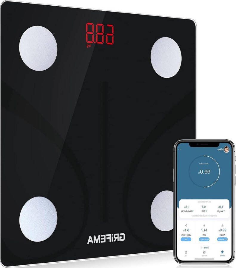 Weegschaal Personenweegschaal Digitale Lichaamsvetweegschaal Slimme Bluetooth-Weegschaal met MovingLife-App 13 Lichaamsbewakingsfuncties Max 150kg Zwart