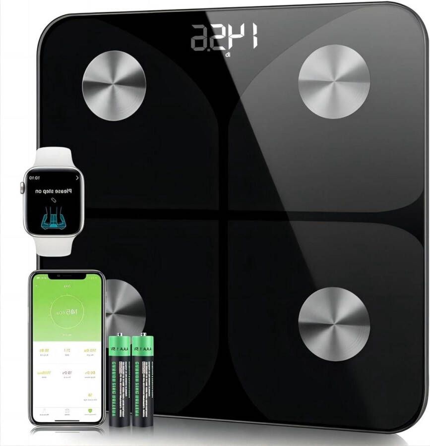 Weegschaal Personenweegschaal impedantiemeter vetmassa water spiermassa BMI MB basismetabolisme glas zwart
