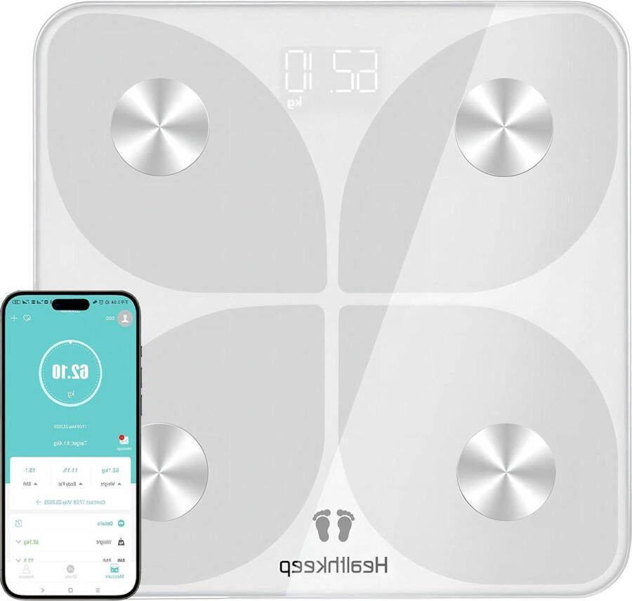 Weegschaal Personenweegschaal Intelligente Bluetooth-weegschaal met Analyse van 13 Functies Elektronische Weegschaal Monitoren met App voor Lichaamsgewicht Crèmevet BMI BMR (Wit)