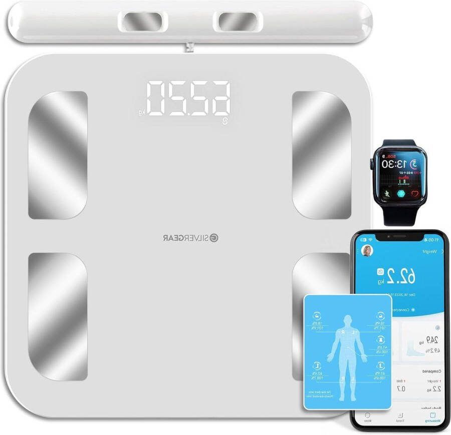 Weegschaal Personenweegschaal Lichaamsanalyse Slimme Weegschaal met App Digitale Badkamerweegschaal BMI Spiermassa BMR Botgewicht Hartslag Body Scale Bluetooth Wit