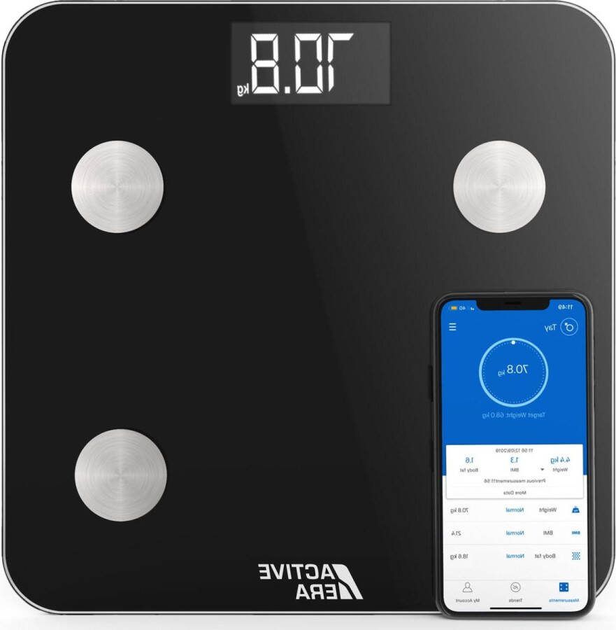 Weegschaal Personenweegschaal Lichaamsvet Meet Digitale Weegschaal met Bluetooth en 15 Essentiële Functies Exact Lichaamsgewicht BMI Visceraal Vet Gratis Smartphone-app (Zwart)