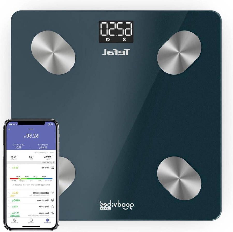 Weegschaal Personenweegschaal Smart 10 lichaamsindicatoren aangesloten app eenvoudige bediening onbeperkt aantal gebruikers capaciteit 180 kg schaal 100 g Goodvibes Life+ BM9620S1