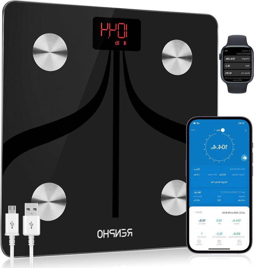 Weegschaal Personenweegschaal Smart Body Fat Weegschalen USB Oplaadbaar Bluetooth Hoge Precisie met Smartphone App Lichaamssamenstelling Monitor voor Lichaamsvet BMI Spiermassa