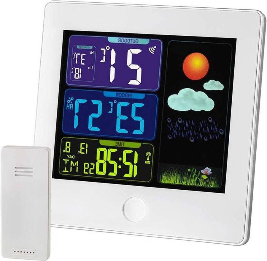 Weerstation bewaking binnenklimaat buitentemperatuur draadloos weerstation zender gekleurde achtergrondverlichting wit 120 x 25 x 120 mm
