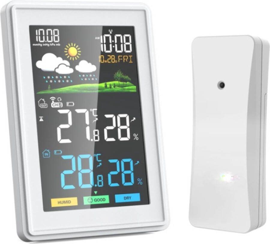 Weerstation Binnen en Buiten Draadloos Batterij en of AC Adapter met Buitensensor DCF Radioklok Weersvoorspelling Luchtvochtigheid Wit