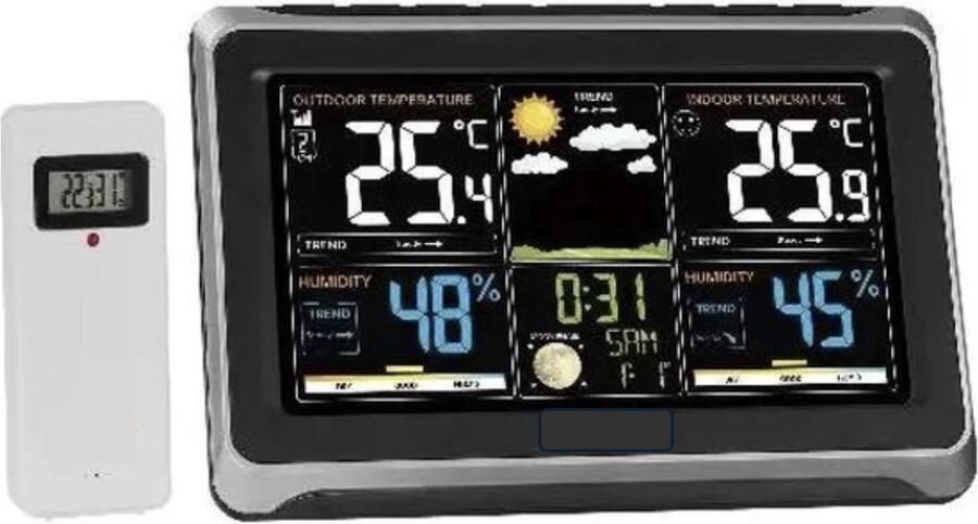 Weerstation Binnen en Buiten Professioneel Weerstation met draadloze Buitensensor Waarschuwingsfunctionaliteit 19cm diameter Kleurendisplay Weerstations Outdoor Sensor Voor thuis of op reis