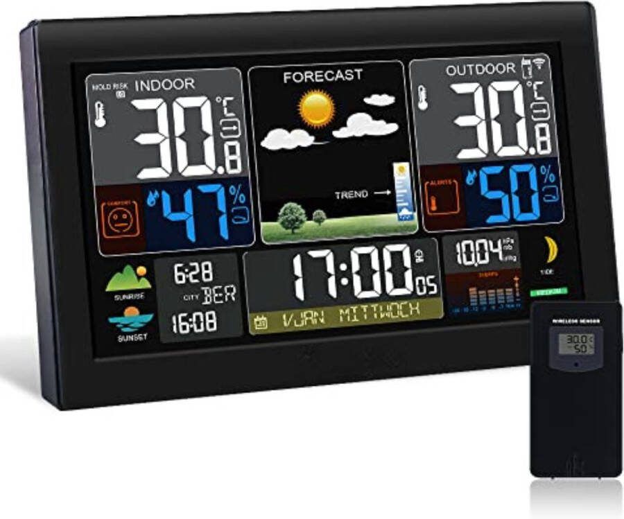 Weerstation draadloze buitensensor Weerstation met buitensensor Werkt op batterijen Zwart