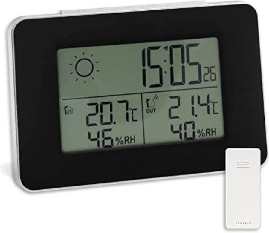 Weerstation draadloze buitensensor Weerstation met buitensensor Zwart Blauw licht Met wekkerradio en weersvoorspelling werkt op batterijen