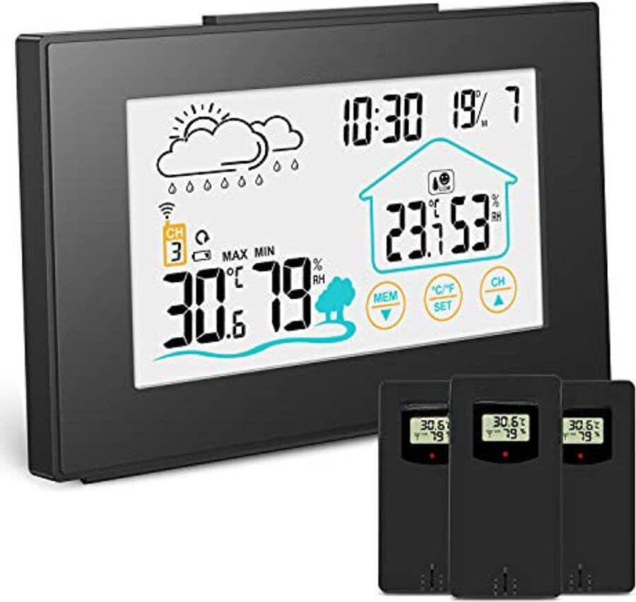 Weerstation draadloze buitensensor Weerstation met buitensensor Zwart met 3 stuks buitensensor