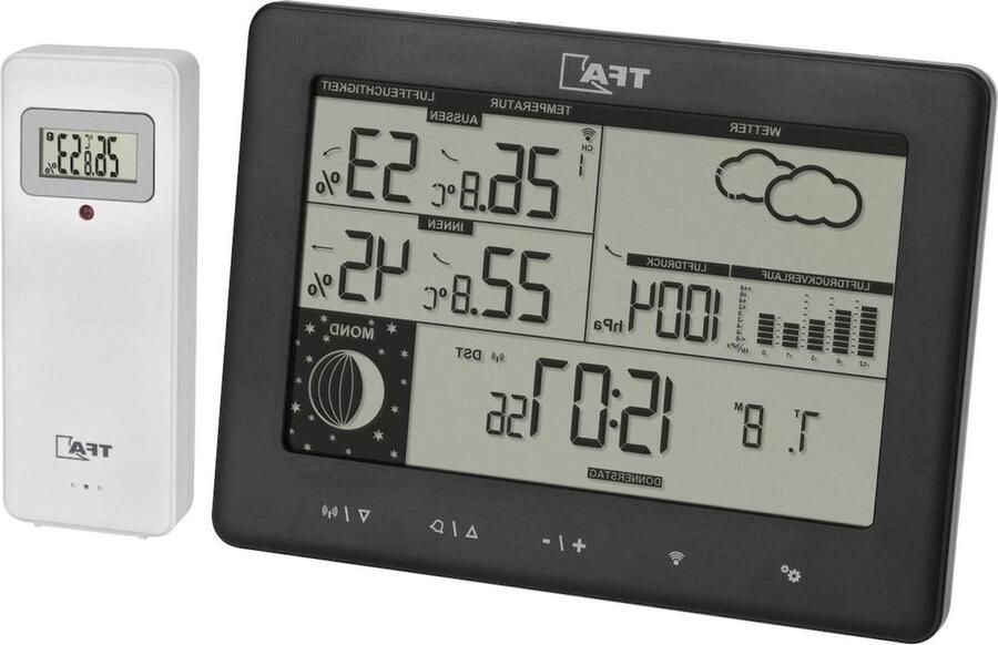 Weerstation ELEMENTS 35.1158.01 binnenklimaatcontrole weersvoorspelling luchtdruk zendergestuurde tijd achtergrondverlichting zwart 158 x 26 x 119 mm